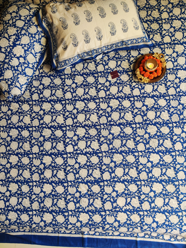 FESTIVE HAND BLOCK PRINTED BEDSHEET WITH TWO REVERSIBLE PILLOW COVERS
  
  
